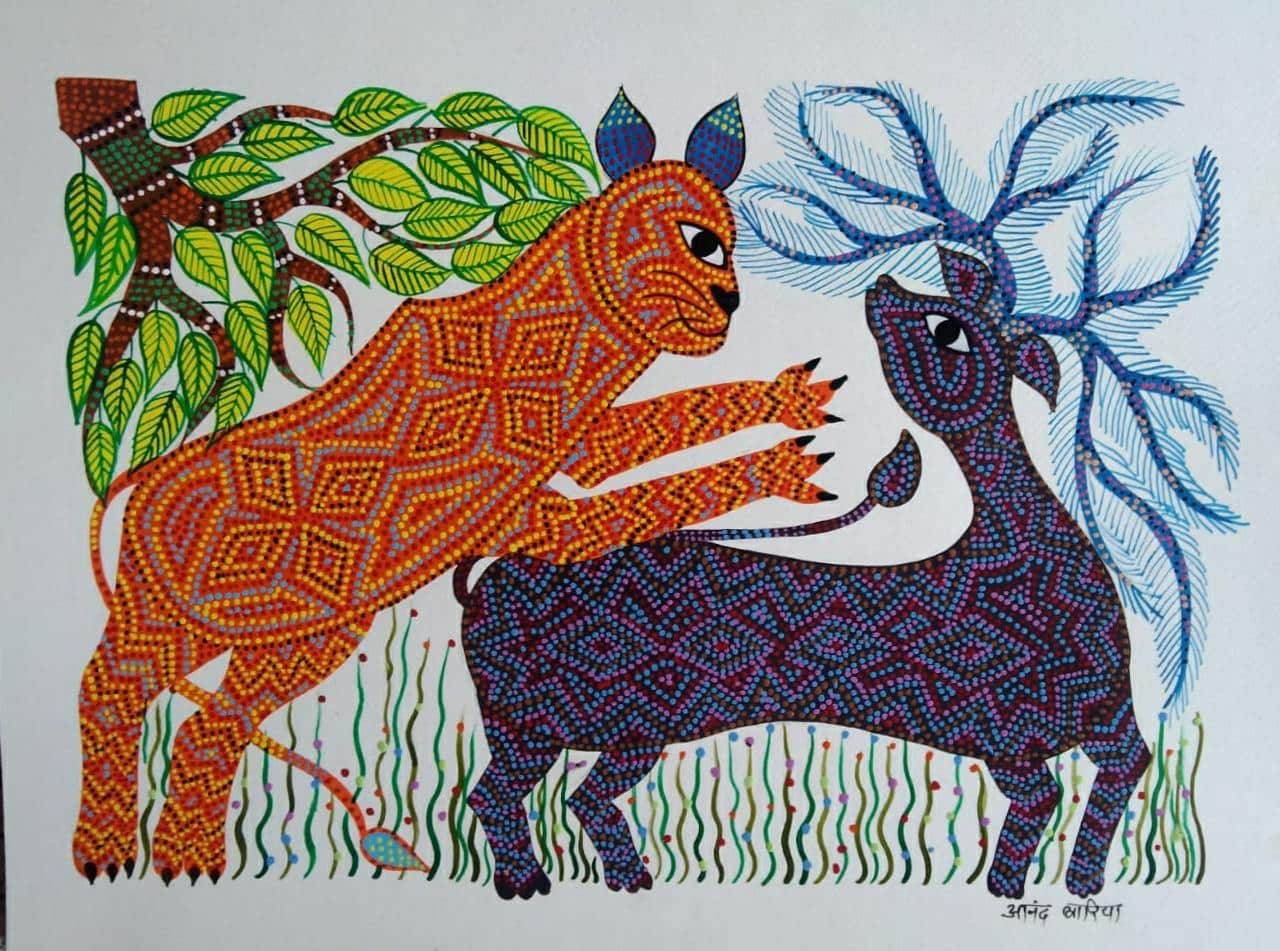 Deer and Leopard Bhil Painting